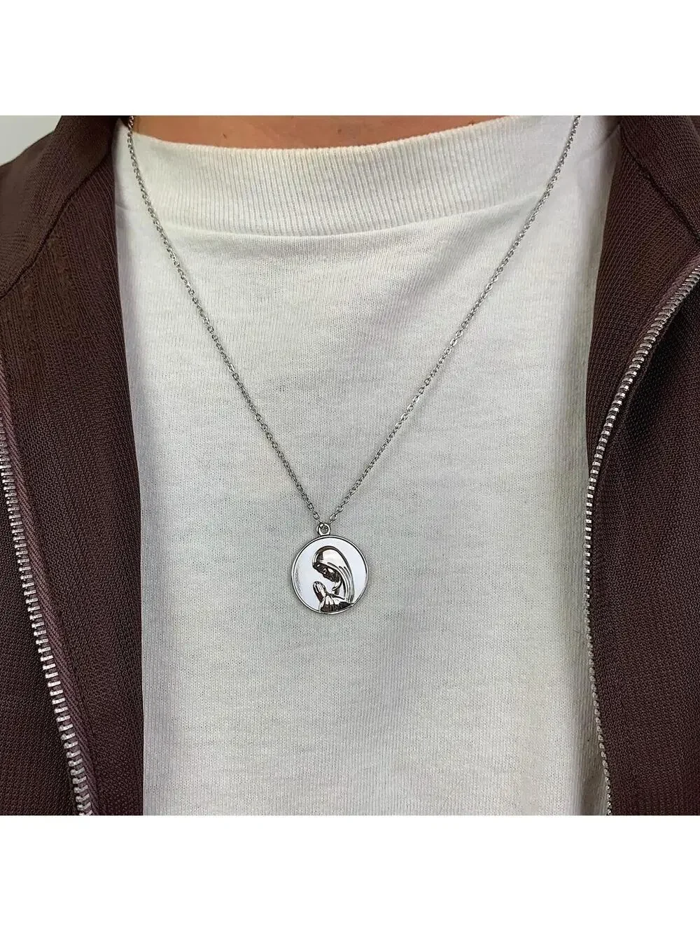 Vintage y2k style Saint Marry Circle pendant silver stainless steel necklace